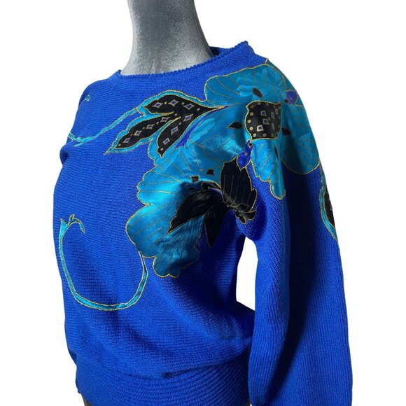 Vintage Blue Floral Sweater By UMI Collections Anne Crimins Sz Medium - Picture 4 of 14